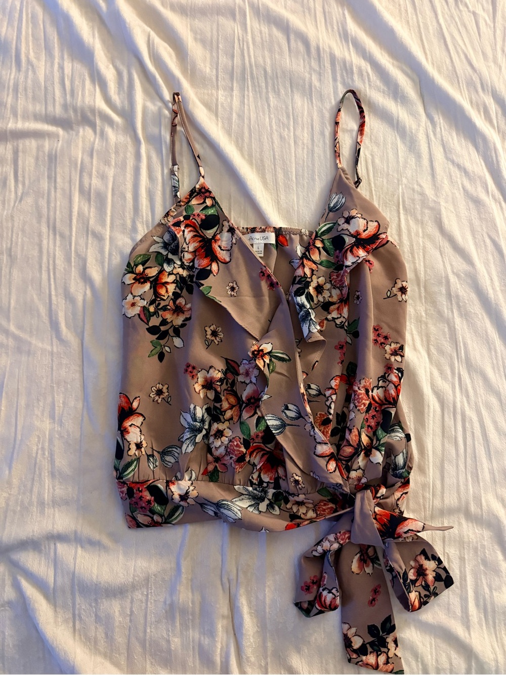 Active USA Taupe Floral Wrap Cami with Tie